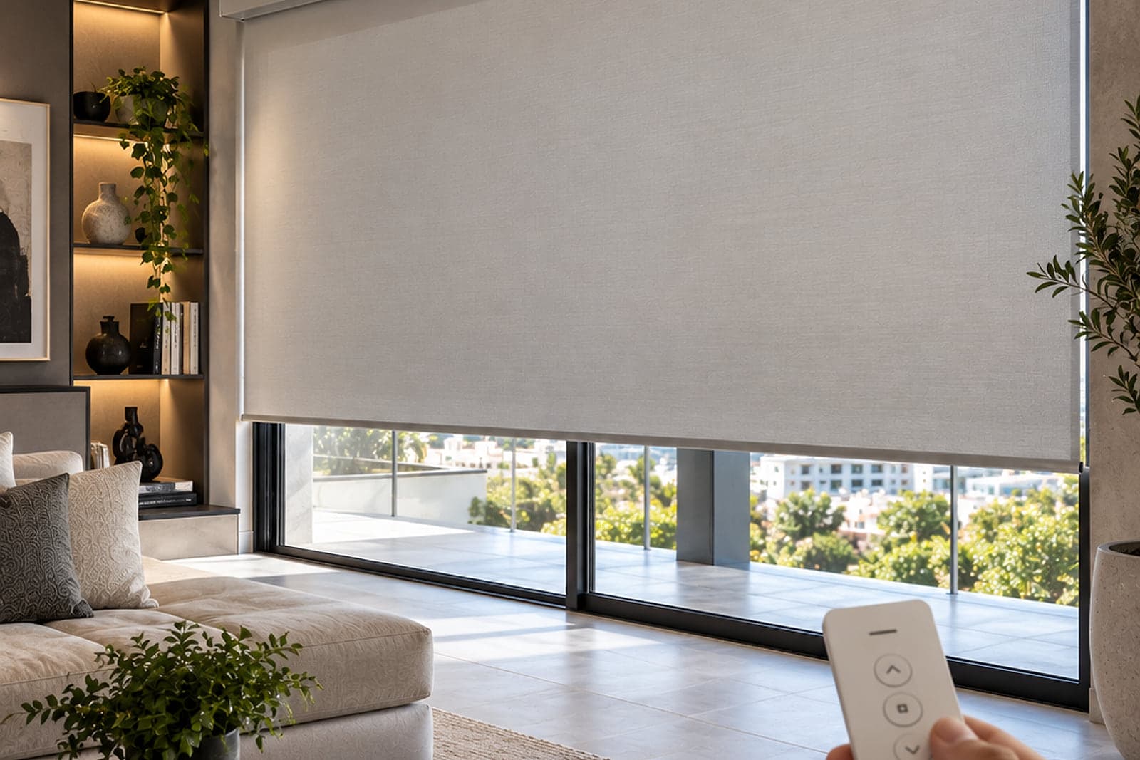 Cortinas motorizadas cerrándose sobre un ventanal